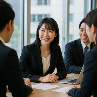 会議で同僚と笑顔で会話する日本人女性の写真