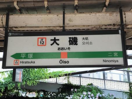 大磯駅　上り駅名標(屋根の中)の写真