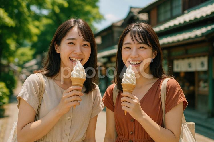 ソフトクリームを食べる旅先の女性 日本人,女性,観光地の写真素材