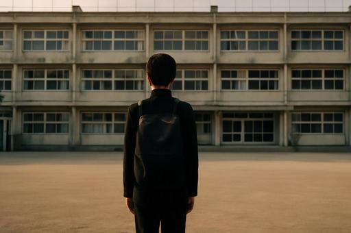 夕暮れの学校と少年 夕暮れの学校と少年の写真