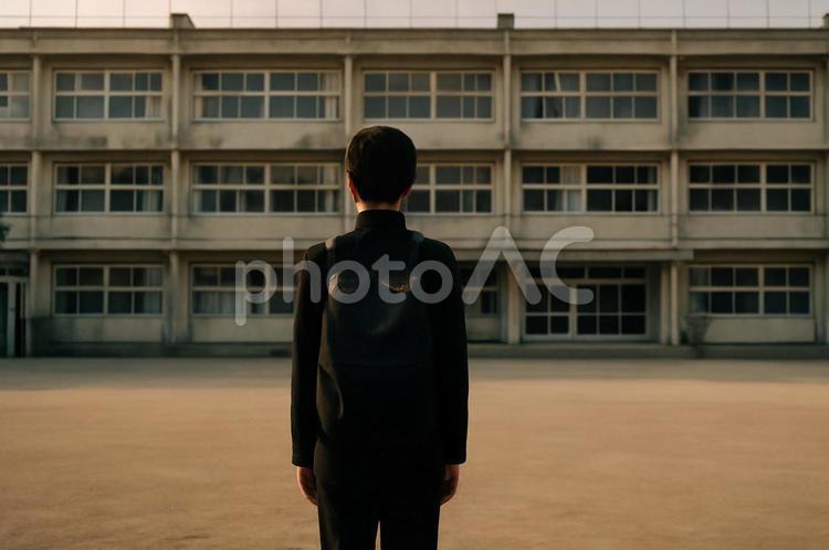 夕暮れの学校と少年 風景,人物,学校の写真素材