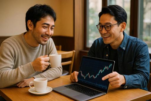 チャートの変化を友人と語る男性二人組 チャートの変化を友人と語る男性二人組の写真