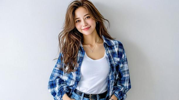 チェックシャツを着た笑顔の女性 チェックシャツを着た笑顔の女性の写真