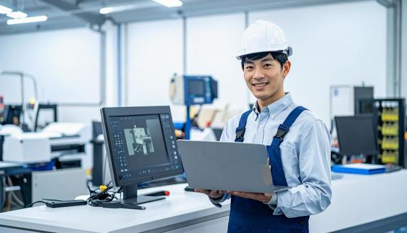 工場の三次元測定機を使う作業服の男性 工場の三次元測定機を使う作業服の男性の写真