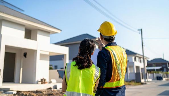 家を見上げ住宅の打ち合わせをする建築業者の写真