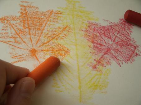 葉に紙を乗せクレヨンで擦りフロッタージュ フロッタージュ,こすり出し,技法の写真素材