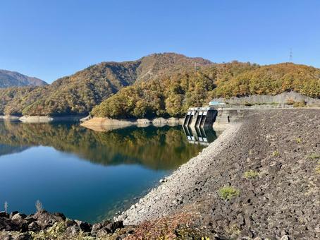 秋の福井県の九頭竜ダム　紅葉に色づく湖 秋,道路,晩秋の写真素材