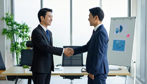 対面で説明する日本人男性ビジネスマンの写真