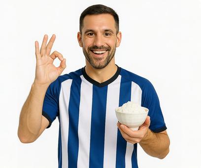 白米の入った茶碗とオッケーポーズの男性 白米の入った茶碗とオッケーポーズの男性の写真
