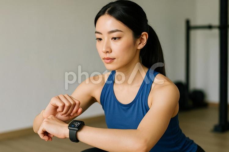 健康管理運動 スマートウォッチ,スクワット,女性の写真素材