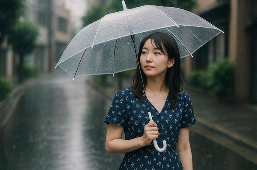 透明ビニール傘をさすワンピース姿の女性 透明ビニール傘をさすワンピース姿の女性の写真
