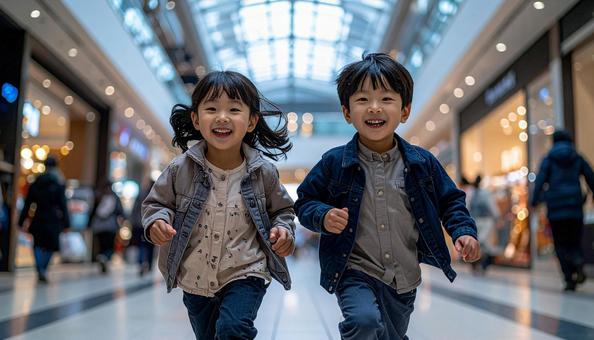 ショッピングモールを走る子供 ショッピングモールを走る子供の写真
