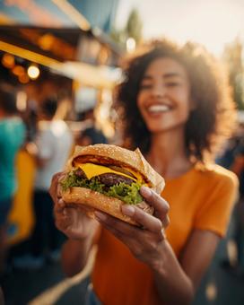 町中でハンバーガーを食べる女性 町中でハンバーガーを食べる女性の写真