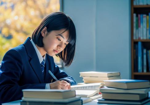 秋の教室で勉強に集中する女子学生 秋の教室で勉強に集中する女子学生の写真