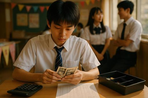 売上計算をする男子高校生 売上計算をする男子高校生の写真