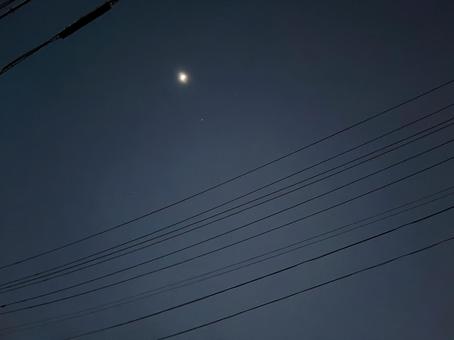 夜明け前の月と電線 夜明け前,月,星の写真素材