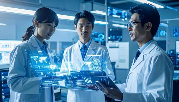 ホログラムのデータを見ながら議論する医者 ホログラムのデータを見ながら議論する医者の写真