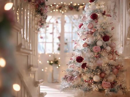 白とピンクのクリスマスツリー 白とピンクのクリスマスツリーの写真