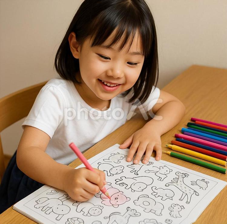 塗り絵をする女の子 女の子,塗り絵,色えんぴつの写真素材