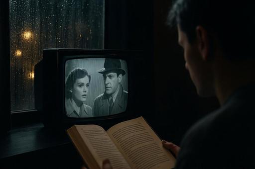 雨の夜のテレビと読書 雨の夜のテレビと読書の写真