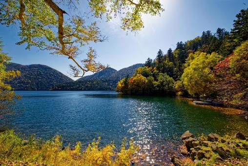然別湖の紅葉 然別湖,秋,紅葉の写真素材