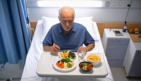 端座位で食事をするシニア男性の患者 端座位で食事をするシニア男性の患者の写真