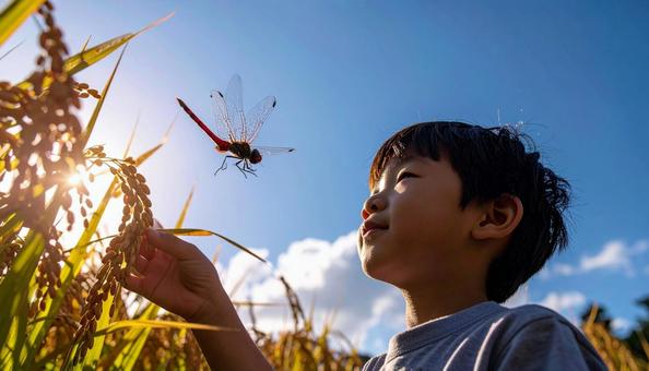 夏の終わり 稲穂の上を飛ぶ赤とんぼと子供 夏の終わり 稲穂の上を飛ぶ赤とんぼと子供の写真