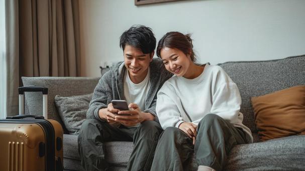 自宅で旅行計画を立てる夫婦 自宅で旅行計画を立てる夫婦の写真
