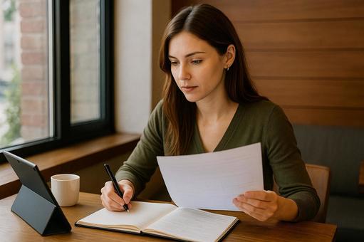 カフェで教材準備の写真