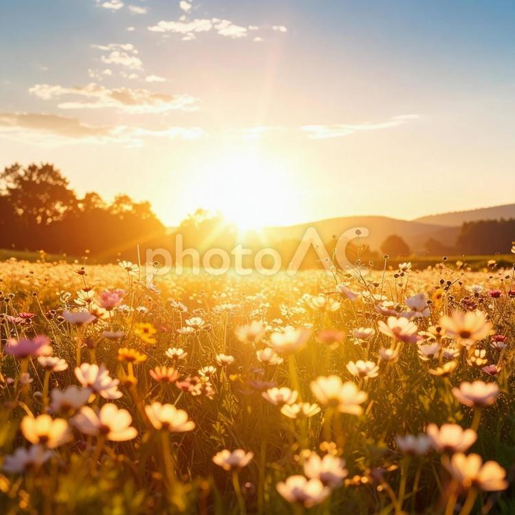 朝日が差し込む花畑の風景 花畑,朝日,日の出の写真素材