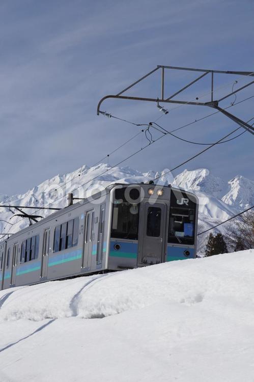 【長野県】雪景色の中を行く大糸線 長野県,信州,白馬村の写真素材