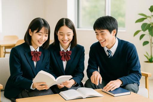 友達と一緒に勉強する高校生 友達と一緒に勉強する高校生の写真