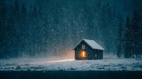 ロマンチックな雪夜のログハウス ロマンチックな雪夜のログハウスの写真