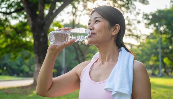 公園で水を飲みながら運動するアジア人女性 公園で水を飲みながら運動するアジア人女性の写真
