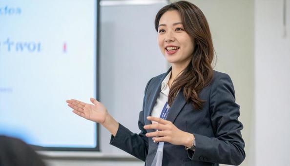 プレゼンする女性の写真