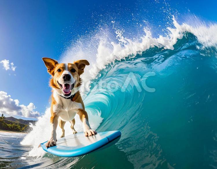 サーフボードに乗る犬　AI生成画像 犬,サーフィン,海の写真素材
