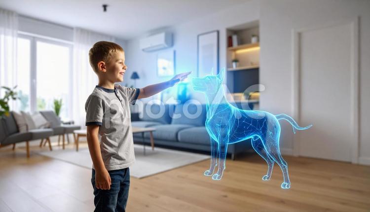 ホログラムペットと笑顔の子ども ホログラム,ペット,子どもの写真素材