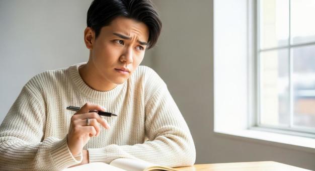 ペンを持ち考え込む若者の勉強シーンの写真