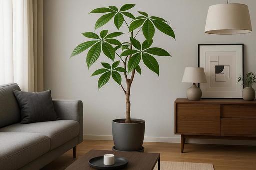 パキラが置かれたモダンなインテリアの写真