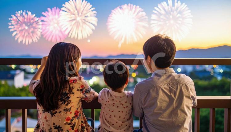 夏の花火をベランダから見ている日本人家族 夏祭り,夜空,饗宴の写真素材
