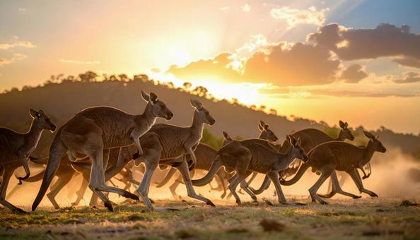 夕焼けを背景に走るカンガルーの群れ 夕焼けを背景に走るカンガルーの群れの写真