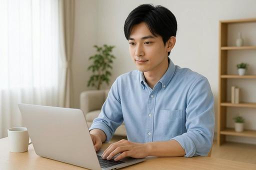 リモートワークをしてる素敵な男性 リモートワークをしてる素敵な男性の写真