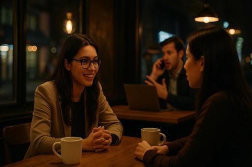 カフェで交わす笑顔の会話 カフェで交わす笑顔の会話の写真