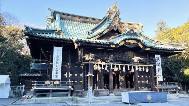 新年の三島大社 社,木,空の写真素材