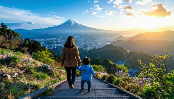 階段を下りるのが楽しい子供と支える母親 階段を下りるのが楽しい子供と支える母親の写真