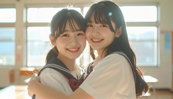 ハグする女子学生の写真