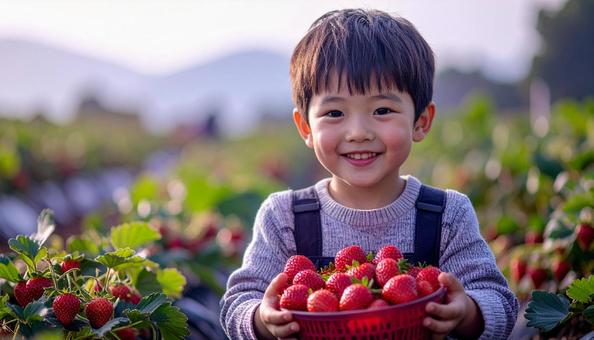 いちご狩り 苺畑でイチゴを摘む男の子  いちご狩り 苺畑でイチゴを摘む男の子 の写真