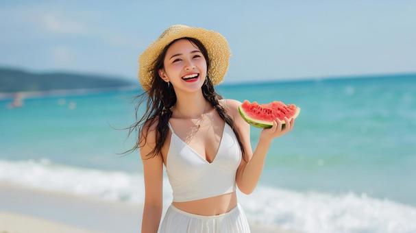 夏に麦わら帽子の女性がスイカを食べているの写真