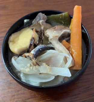 Photo, a lot of miso soup, ingredients for miso soup, vegetables, 