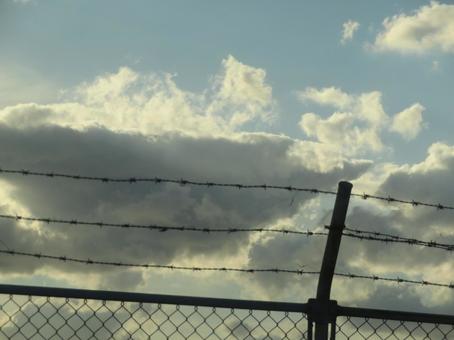 鉄線の向こう側は夕暮れ空 鉄線,はりがね,フェンスの写真素材